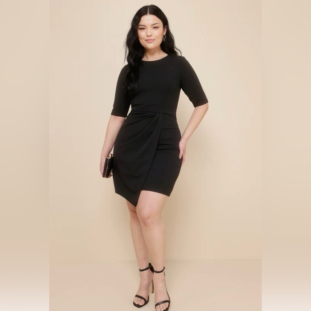Lulus Westwood Half Sleeve Crewneck Pleated Faux Wrap Sheath Dress Size Large‎
